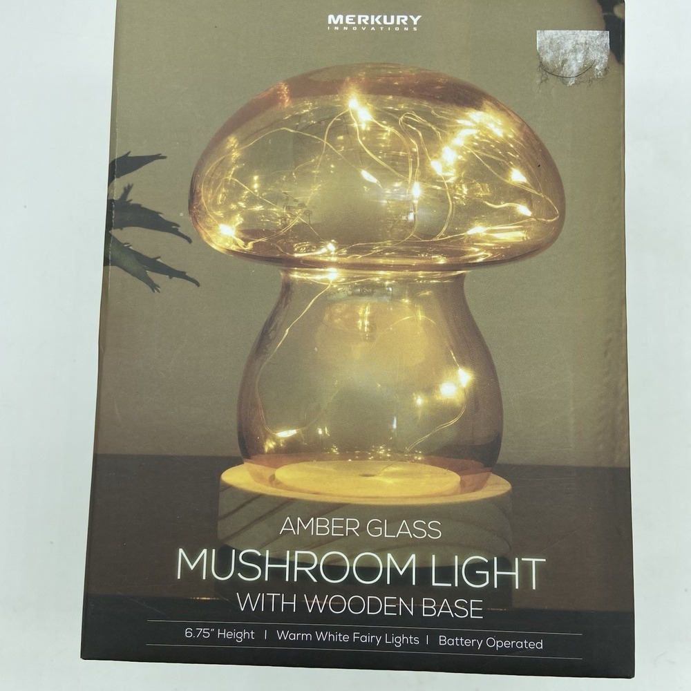 Merkury Amber Glass Mushroom Light Fairy Lamp Wooden Base Cottagecore Decor